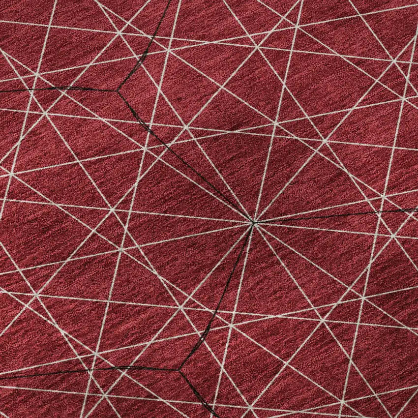 8' Red And Ivory Geometric Washable Round Rug With UV Protection Photo 8