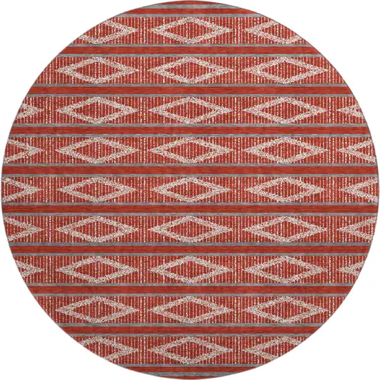 8' Red And Ivory Geometric Washable Round Rug With UV Protection Photo 1