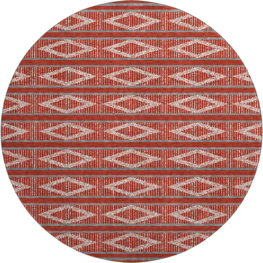 8' Red And Ivory Geometric Washable Round Rug With UV Protection Photo 1