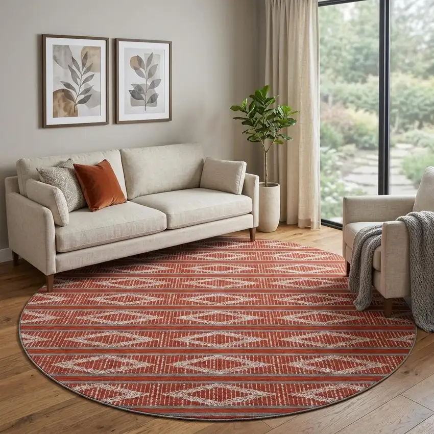 8' Red And Ivory Geometric Washable Round Rug With UV Protection Photo 1