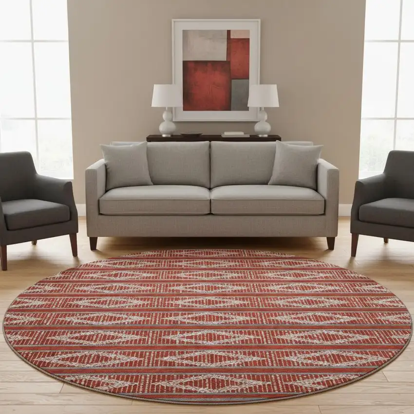 8' Red And Ivory Geometric Washable Round Rug With UV Protection Photo 2