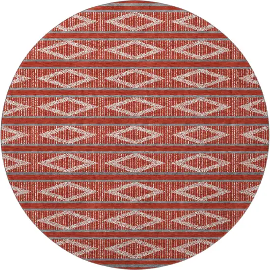8' Red And Ivory Geometric Washable Round Rug With UV Protection Photo 2