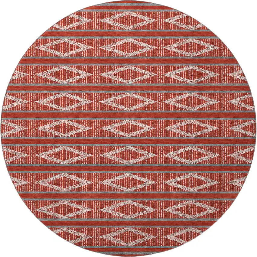 8' Red And Ivory Geometric Washable Round Rug With UV Protection Photo 2