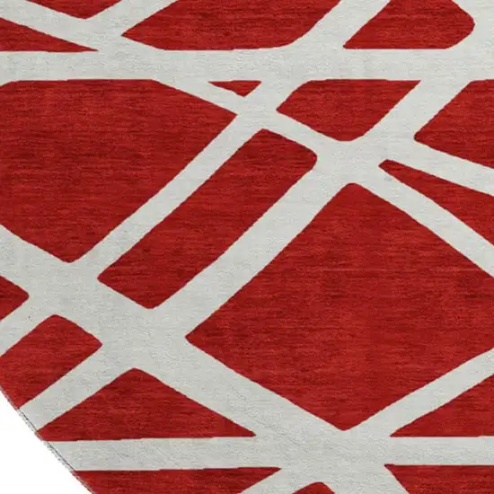 8' Red And Ivory Geometric Washable Round Rug With UV Protection Photo 3
