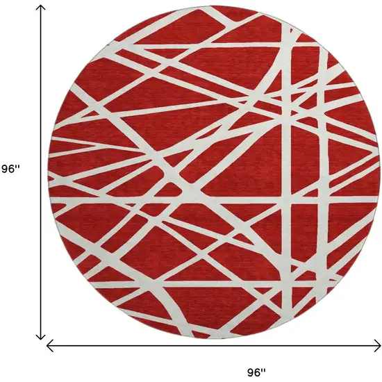 8' Red And Ivory Geometric Washable Round Rug With UV Protection Photo 9