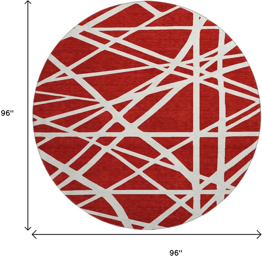 8' Red And Ivory Geometric Washable Round Rug With UV Protection Photo 9