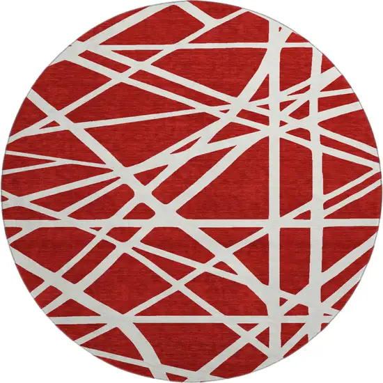 8' Red And Ivory Geometric Washable Round Rug With UV Protection Photo 1