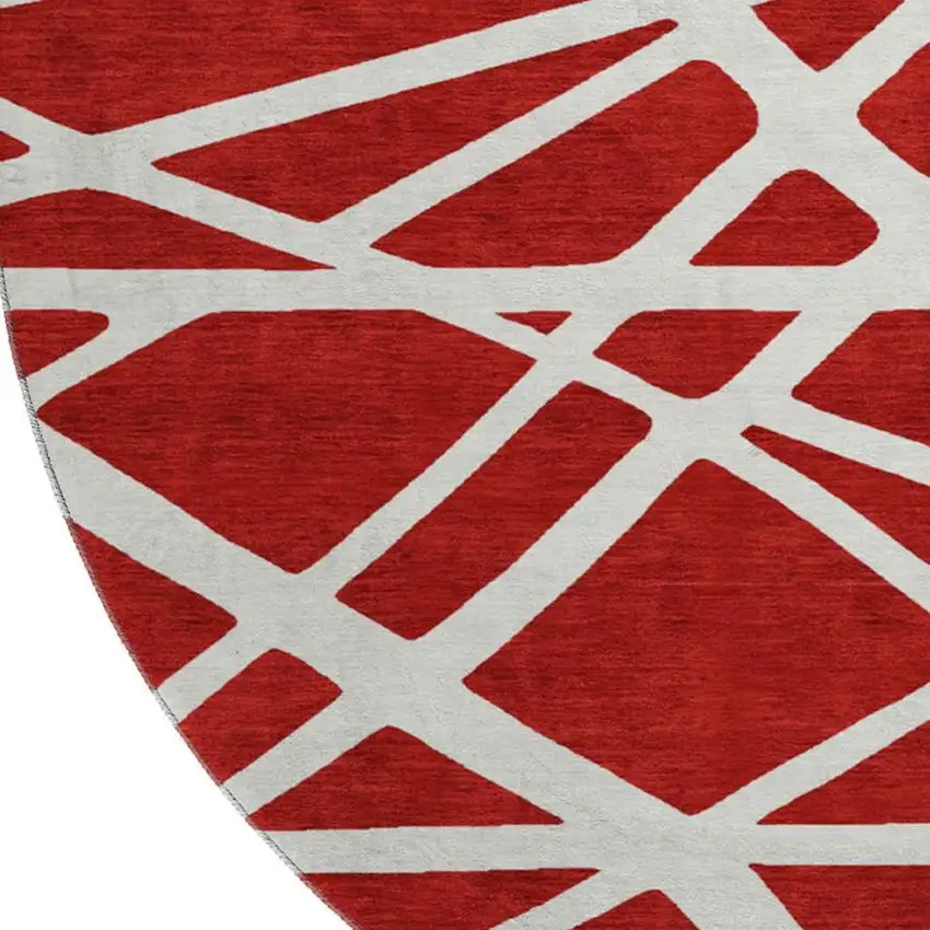 8' Red And Ivory Geometric Washable Round Rug With UV Protection Photo 3