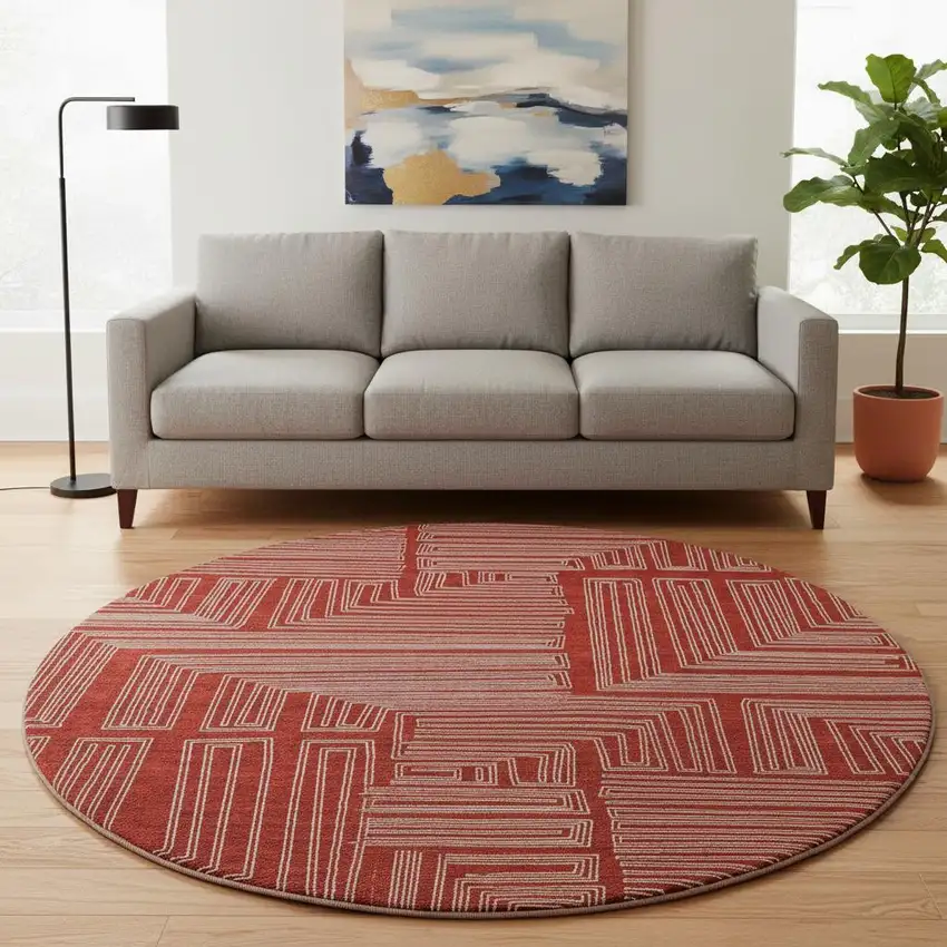 8' Red And Ivory Geometric Washable Round Rug With UV Protection Photo 2