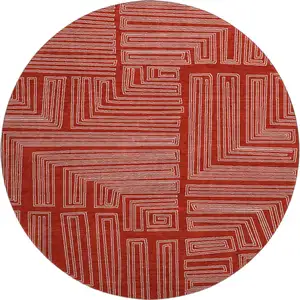 Photo of 8' Red And Ivory Geometric Washable Round Rug With UV Protection