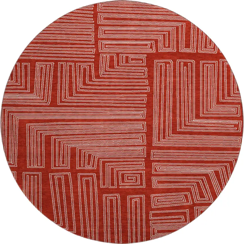 8' Red And Ivory Geometric Washable Round Rug With UV Protection Photo 1