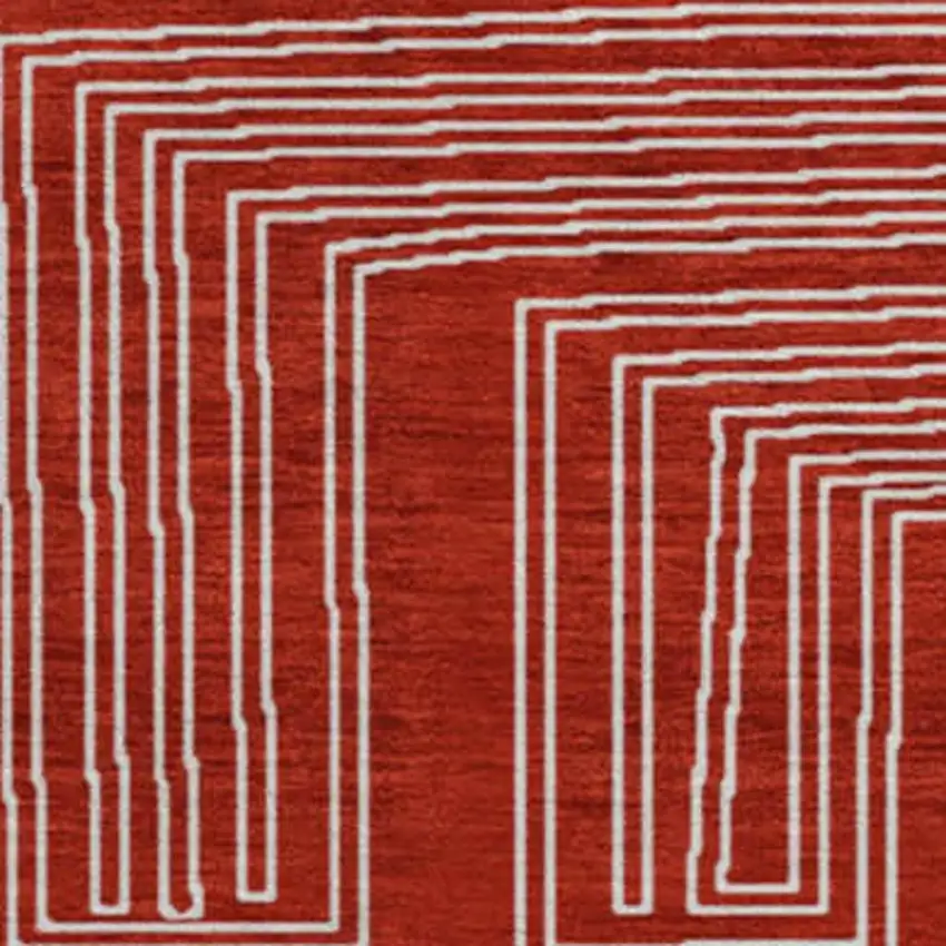 8' Red And Ivory Geometric Washable Round Rug With UV Protection Photo 3