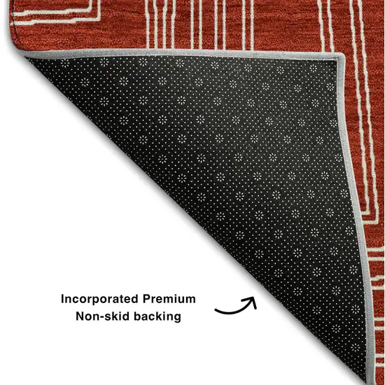 8' Red And Ivory Geometric Washable Round Rug With UV Protection Photo 5