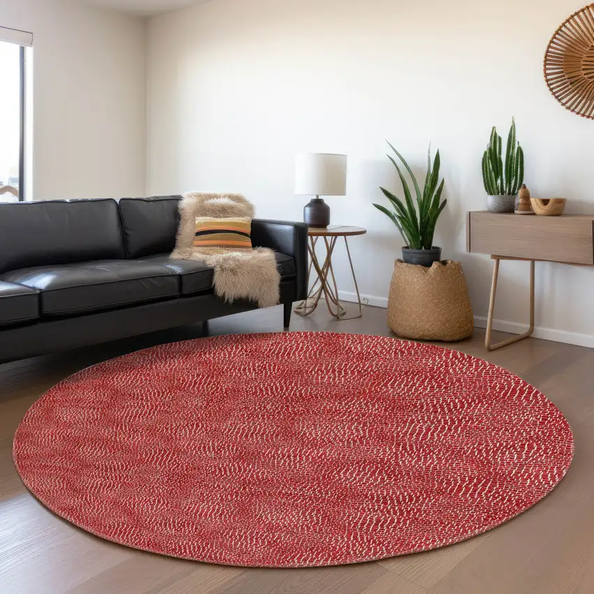 8' Red And Ivory Geometric Washable Round Rug With UV Protection Photo 4