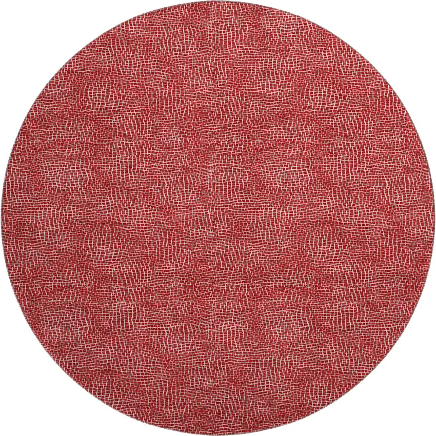 8' Red And Ivory Geometric Washable Round Rug With UV Protection Photo 1