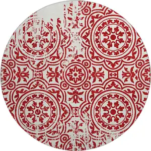 Photo of 8' Red And Ivory Medallion Washable Round Rug With UV Protection
