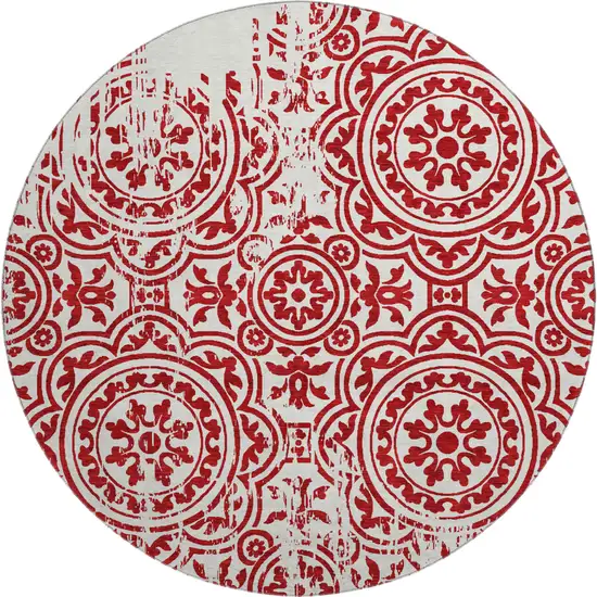 8' Red And Ivory Medallion Washable Round Rug With UV Protection Photo 1