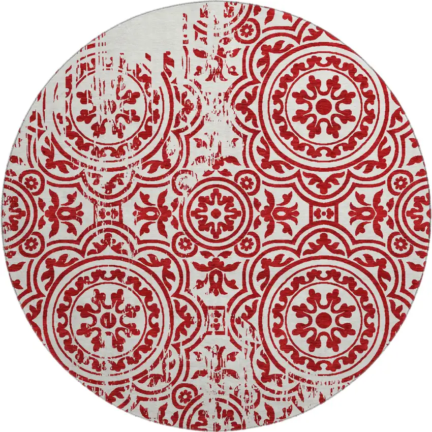 8' Red And Ivory Medallion Washable Round Rug With UV Protection Photo 1