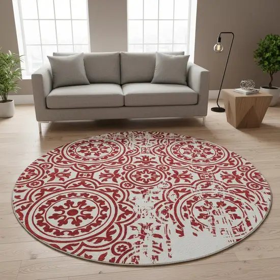 8' Red And Ivory Medallion Washable Round Rug With UV Protection Photo 2