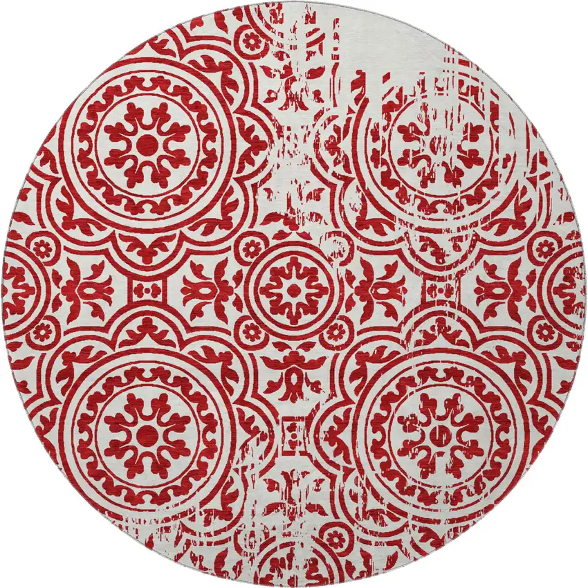 8' Red And Ivory Medallion Washable Round Rug With UV Protection Photo 4