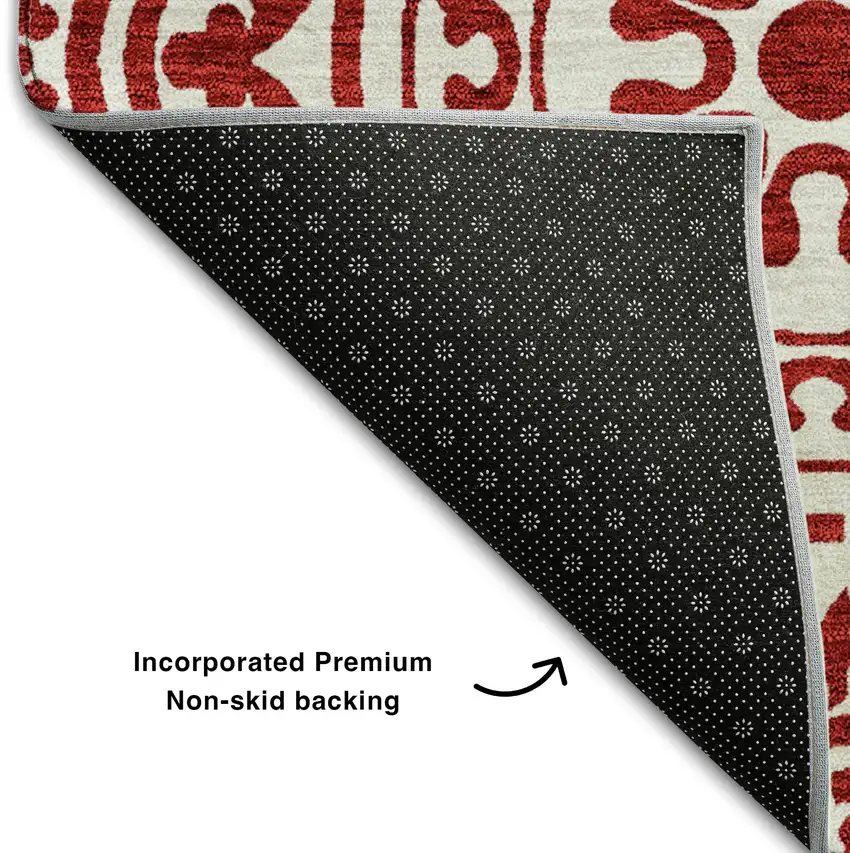 8' Red And Ivory Medallion Washable Round Rug With UV Protection Photo 6