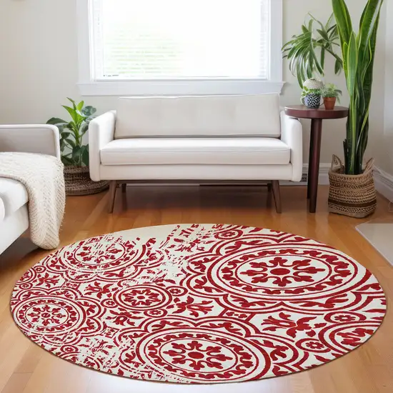 8' Red And Ivory Medallion Washable Round Rug With UV Protection Photo 5