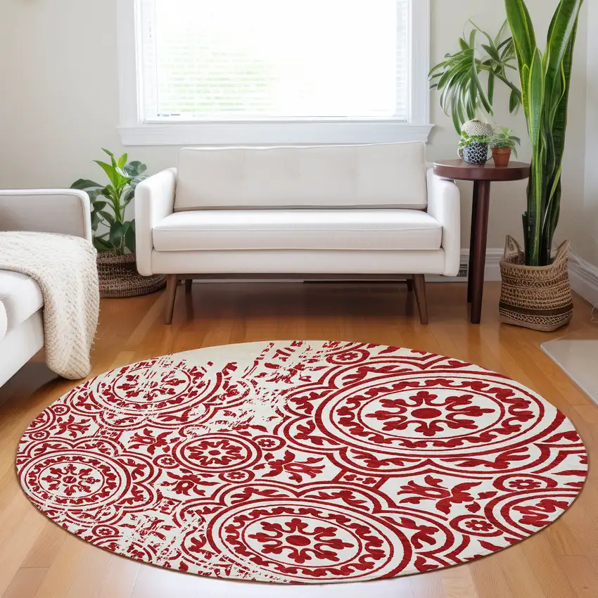 8' Red And Ivory Medallion Washable Round Rug With UV Protection Photo 5
