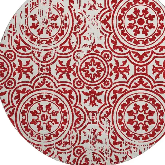 8' Red And Ivory Medallion Washable Round Rug With UV Protection Photo 3