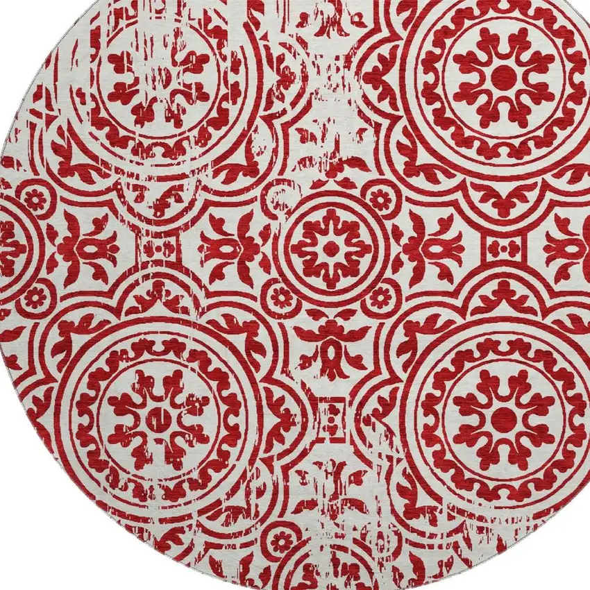 8' Red And Ivory Medallion Washable Round Rug With UV Protection Photo 3