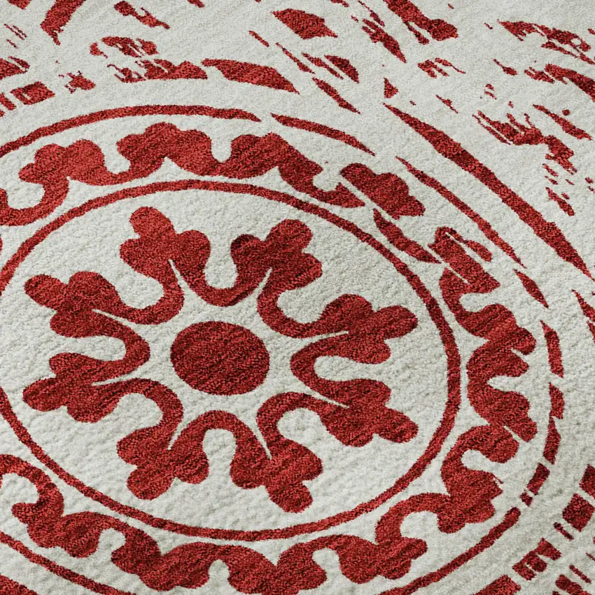 8' Red And Ivory Medallion Washable Round Rug With UV Protection Photo 9