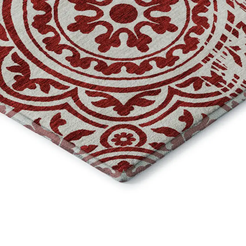 8' Red And Ivory Medallion Washable Round Rug With UV Protection Photo 7