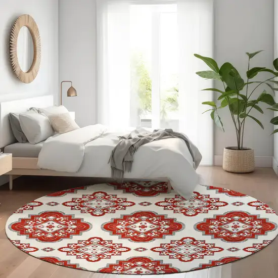 8' Red And Ivory Medallion Washable Round Rug With UV Protection Photo 5