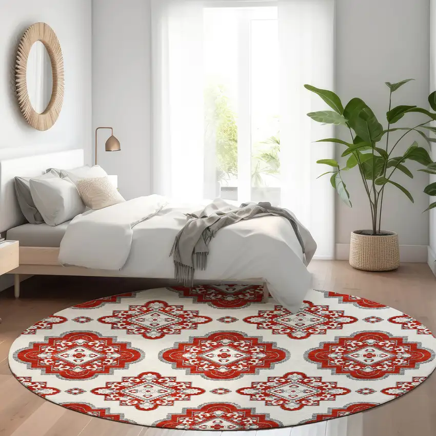8' Red And Ivory Medallion Washable Round Rug With UV Protection Photo 5