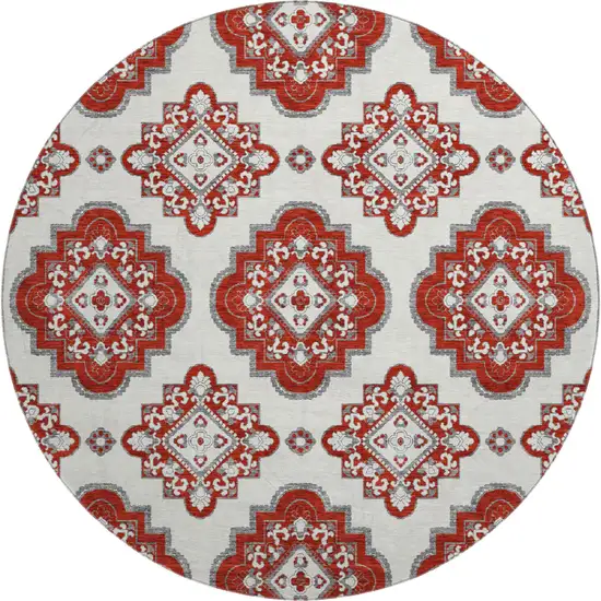 8' Red And Ivory Medallion Washable Round Rug With UV Protection Photo 1