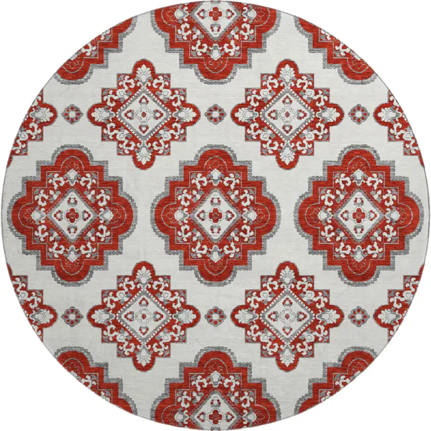 8' Red And Ivory Medallion Washable Round Rug With UV Protection Photo 1