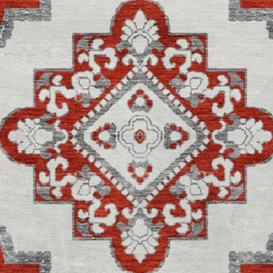 8' Red And Ivory Medallion Washable Round Rug With UV Protection Photo 4