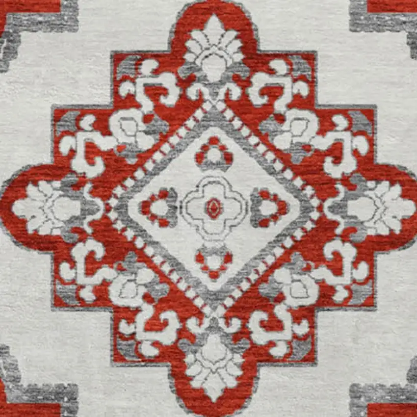 8' Red And Ivory Medallion Washable Round Rug With UV Protection Photo 4