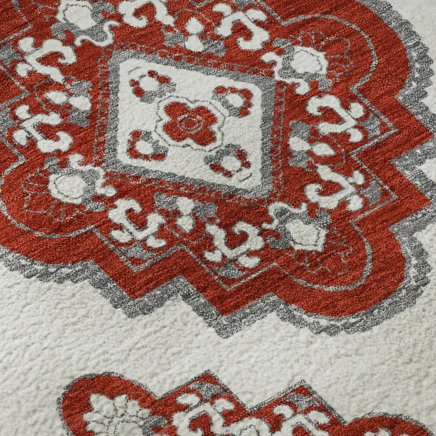 8' Red And Ivory Medallion Washable Round Rug With UV Protection Photo 9