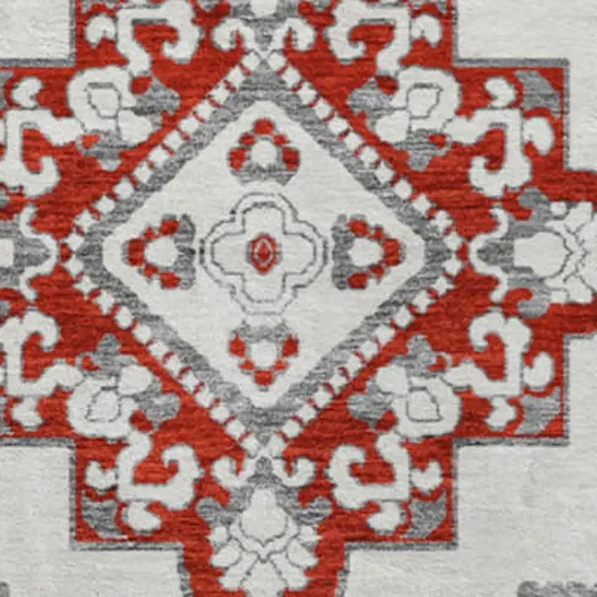 8' Red And Ivory Medallion Washable Round Rug With UV Protection Photo 3