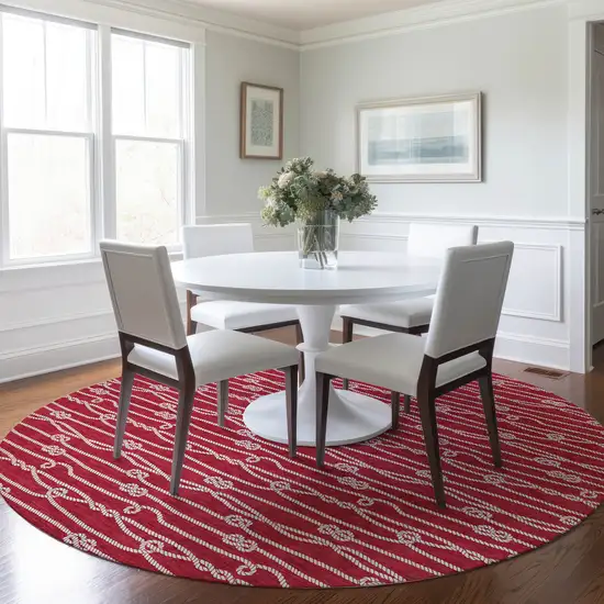 8' Red And Ivory Nautical Washable Round Rug With UV Protection Photo 4