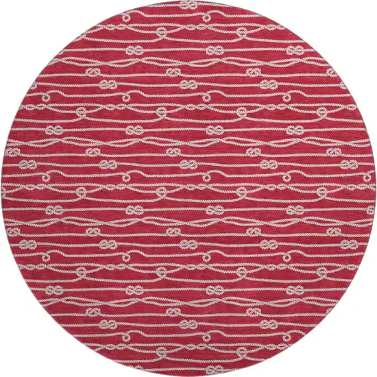 8' Red And Ivory Nautical Washable Round Rug With UV Protection Photo 2