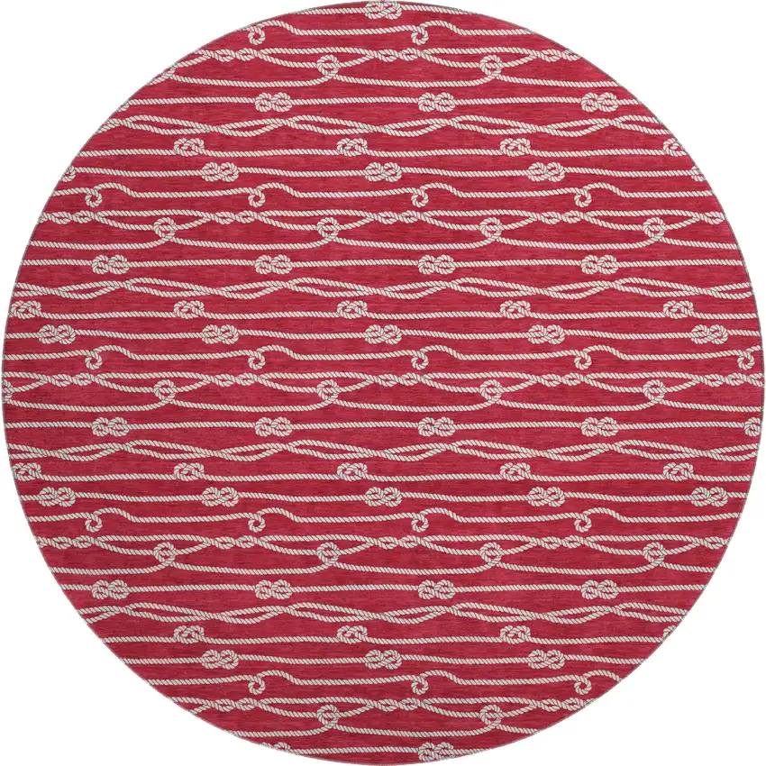 8' Red And Ivory Nautical Washable Round Rug With UV Protection Photo 2