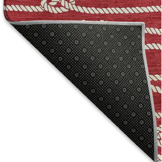 8' Red And Ivory Nautical Washable Round Rug With UV Protection Photo 5