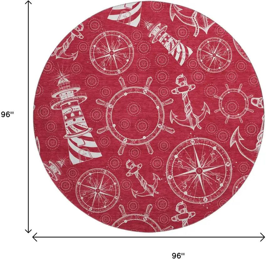 8' Red And Ivory Nautical Washable Round Rug With UV Protection Photo 3