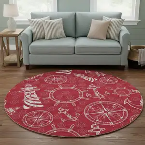 Photo of 8' Red And Ivory Nautical Washable Round Rug With UV Protection