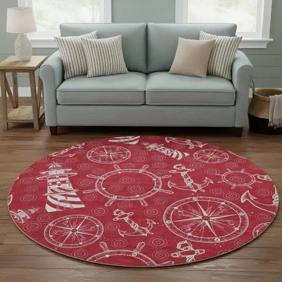 8' Red And Ivory Nautical Washable Round Rug With UV Protection Photo 1