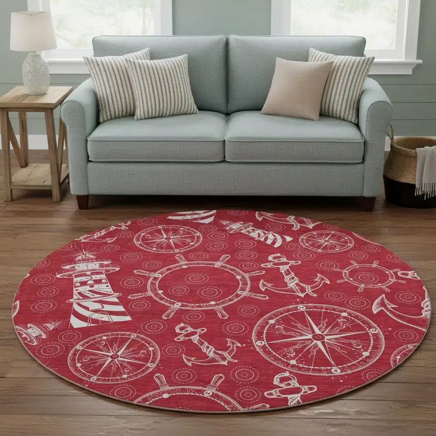 8' Red And Ivory Nautical Washable Round Rug With UV Protection Photo 1