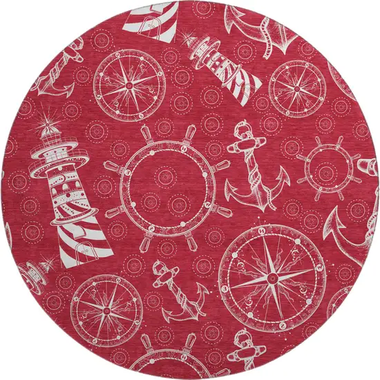 8' Red And Ivory Nautical Washable Round Rug With UV Protection Photo 2