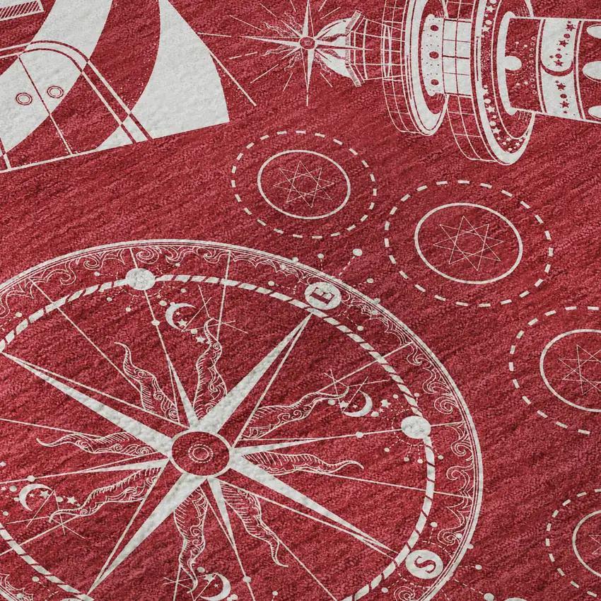 8' Red And Ivory Nautical Washable Round Rug With UV Protection Photo 9