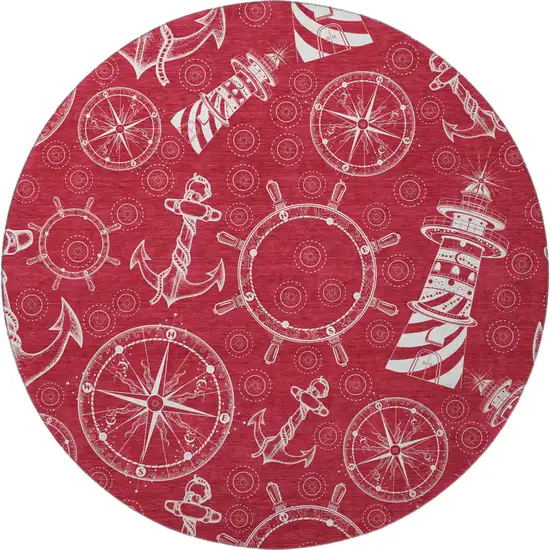 8' Red And Ivory Nautical Washable Round Rug With UV Protection Photo 4